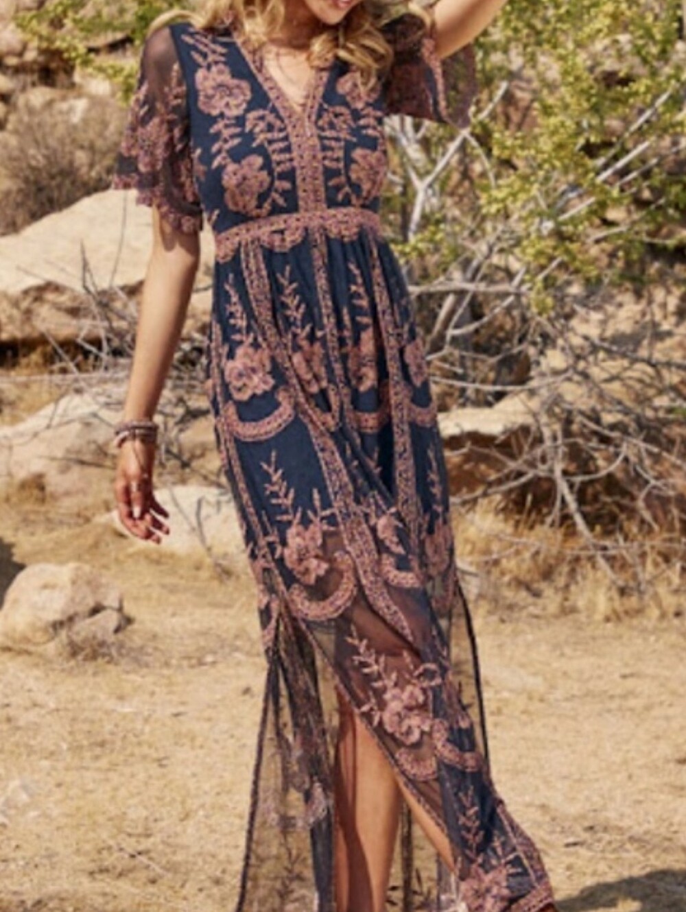 Alter'd State Catina Sheer Blue, Rose Embroidered Floral Overlay Maxi Dress, Lg